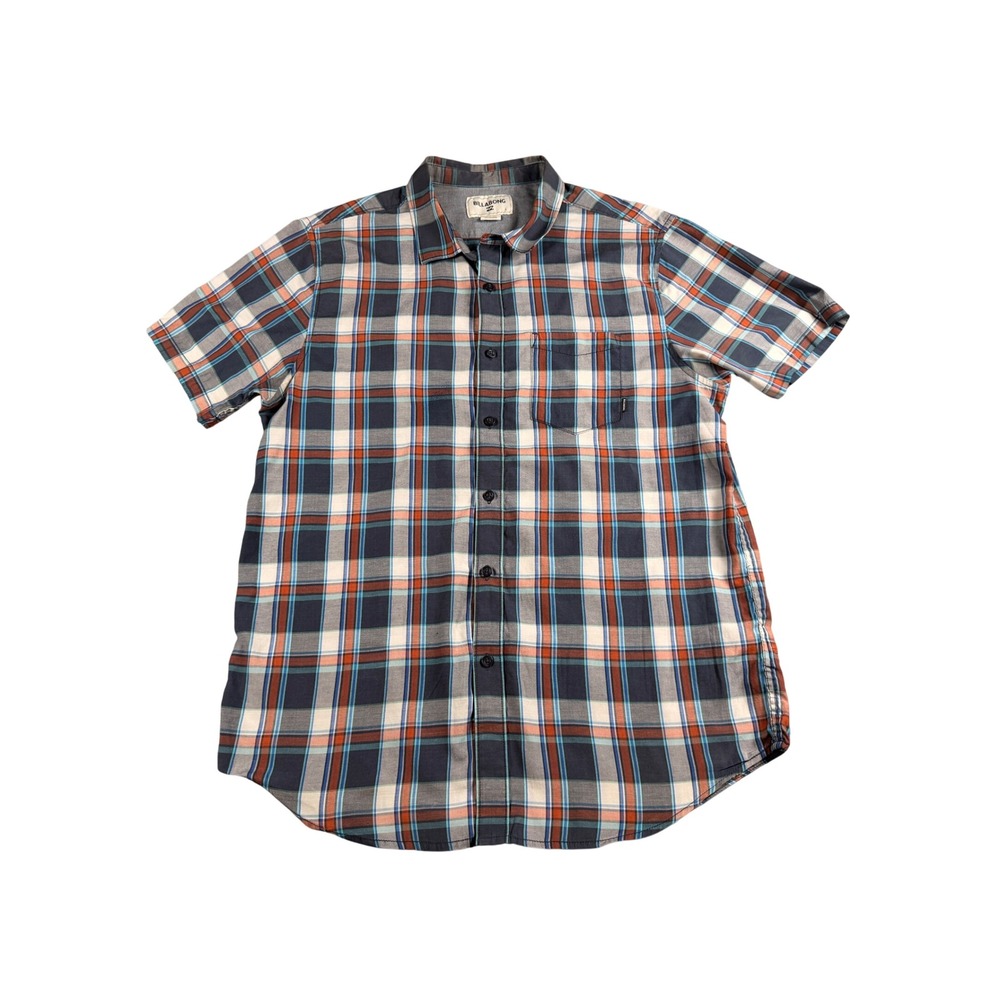 Billabong Mens Large Short Sleeve Plaid Button Down‎ Shirt Navy Orange White